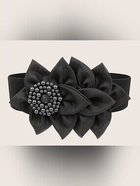 Black Fabric Flower Pearl Accent Belt for Women